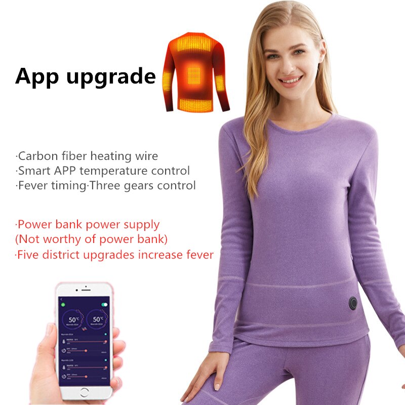 Winter Skiën Verwarming Ondergoed Set Usb Batterij Aangedreven Verwarmde Thermische Tops Broek Smartphone Controle Temperatuur Warm Pak: Xl / Women Top