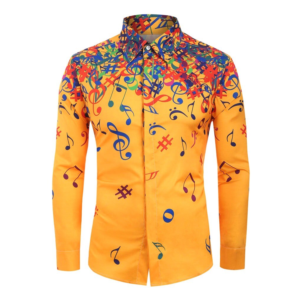 Hommes à manches longues chemise décontracté nouveauté Note de musique hommes chemises montre costume streetwear d91016: Jaune / XL