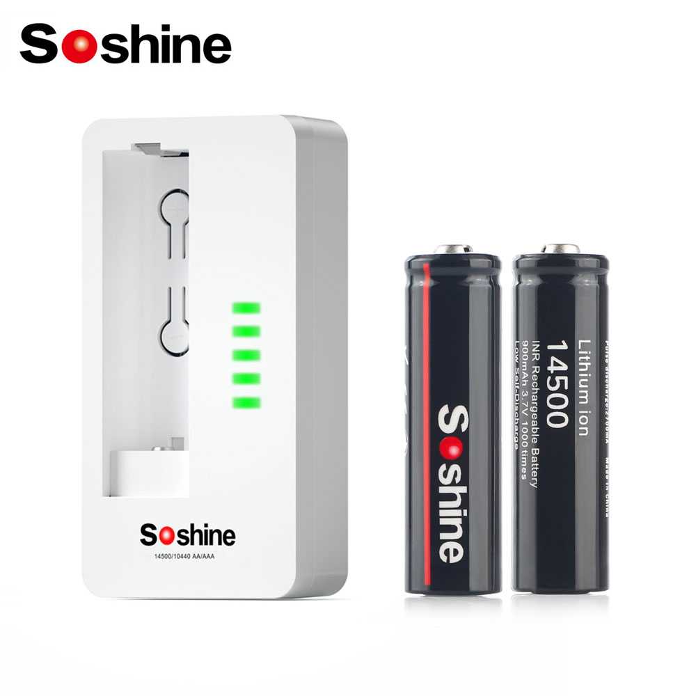 Batería de litio Soshine 3,7 14500 AA, batería recargable de 900mAh y cargador de batería recargable LiFePO4 de iones de litio 14500 10440