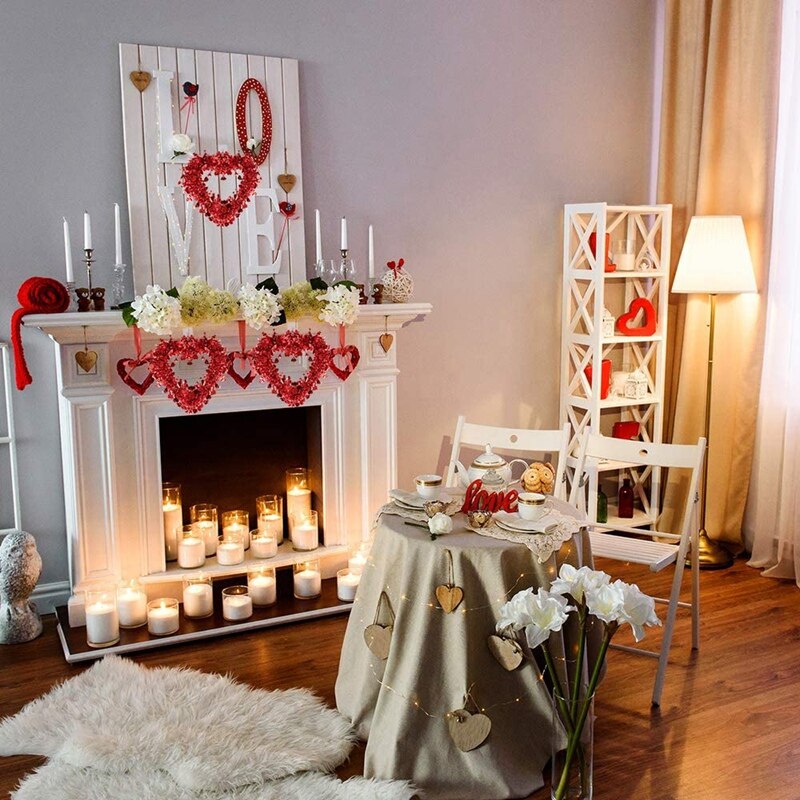 6 Pcs Valentine Candle Rings – Red Pink Wooden Heart Berry Wreaths For Candle Holders (Small) - View #7