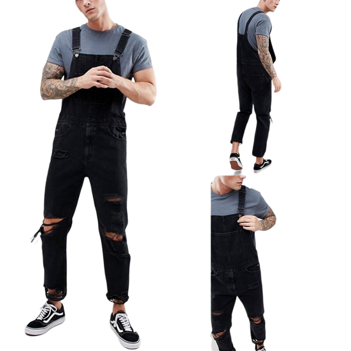 Herre efterårsbukser lange revers selebukser hul retro overalls street style flotte bukser