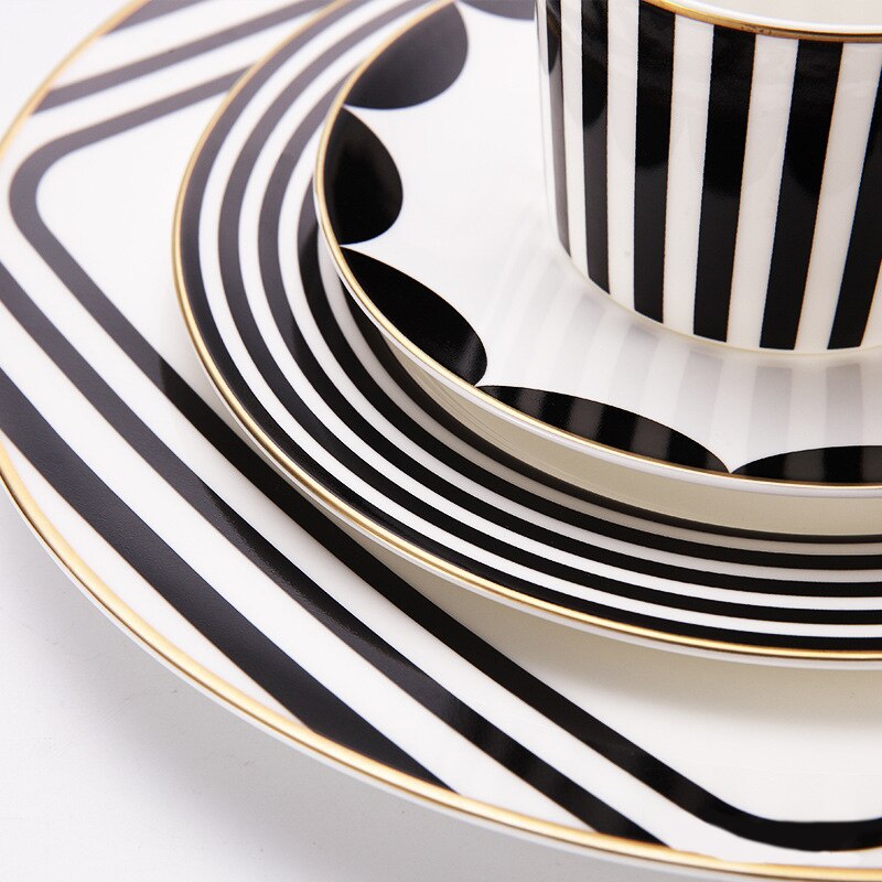 Bone China Servies Set Zwarte En Witte Streep Platte Steak Plaat Koffiekopje En Schotel Dessert Lade Gouden Rand drinkware