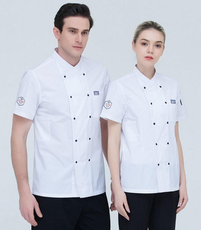 Kok køkken arbejdstøj top sommer kortærmet kok service restaurant hotel tjener overalls jakke arbejdstøj værktøj uniform: Hvid / M