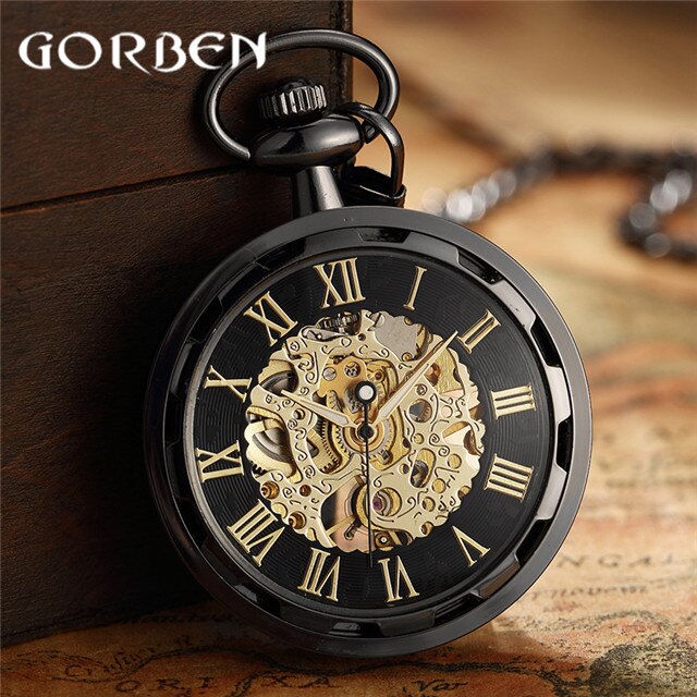 Retro Horloge Ketting Steampunk Skelet Mechanische Fob Zakhorloge Romeinse Aantal Klok Hanger Hand kronkelende Mannen Vrouwen Chain: PM011