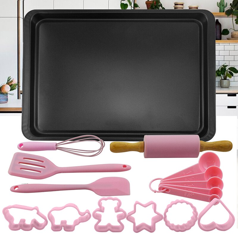 Cookie Baking Set 16 Piece for Kids Cake Pan Nonstick Bakeware Set Kids Cooking and Baking Set for Child Easy Layered Sheet: Pink