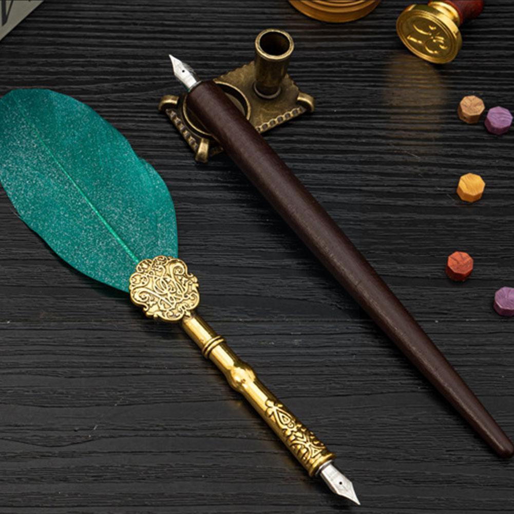 Vintage Feather Dip Fountain Pen Sets Calligraphy Writing Stamp Pen Set Ink Blotter Stationery Pen Holder Supplies Dip Scho M5r8