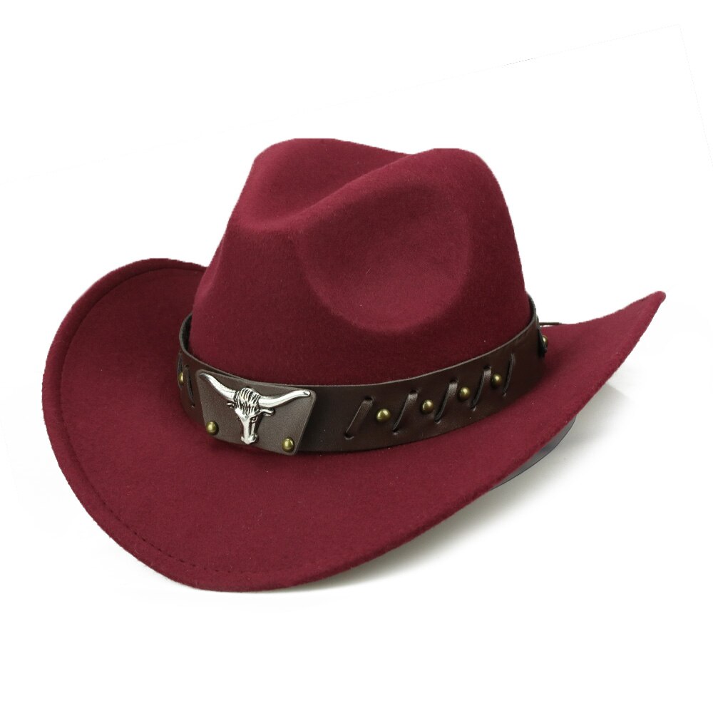 YY-casquette taureau à ceinture en cuir pour hommes et femmes, chapeau Cowboy en coton à bord large, à bord , pour hommes et femmes FD19060: Wine Bull Hat
