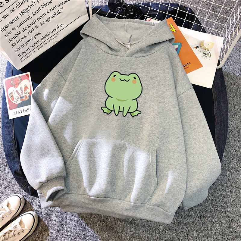 Sweat-shirt grenouille, vêtements de dessin animé, Harajuku, manches longues, capuche Kawaii pour filles, sweat à capuche polaire d'hiver avec poche, hauts verts: L / GRIS