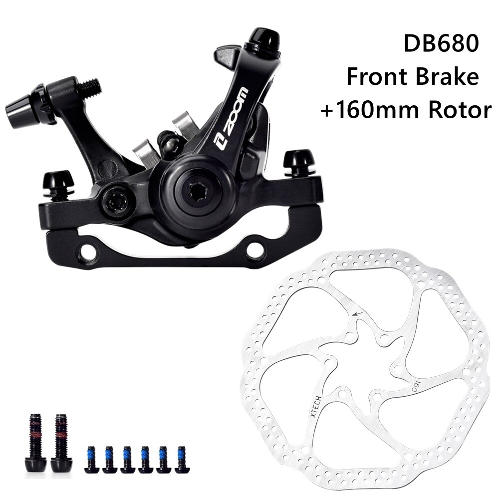 ZOOM Bike Mechanical Brake Caliper Adapter MTB Bilateral Drive Bicycle Front Rear Disc Brake Caliper Device Brake Pads DB680: Front n Rotor Black