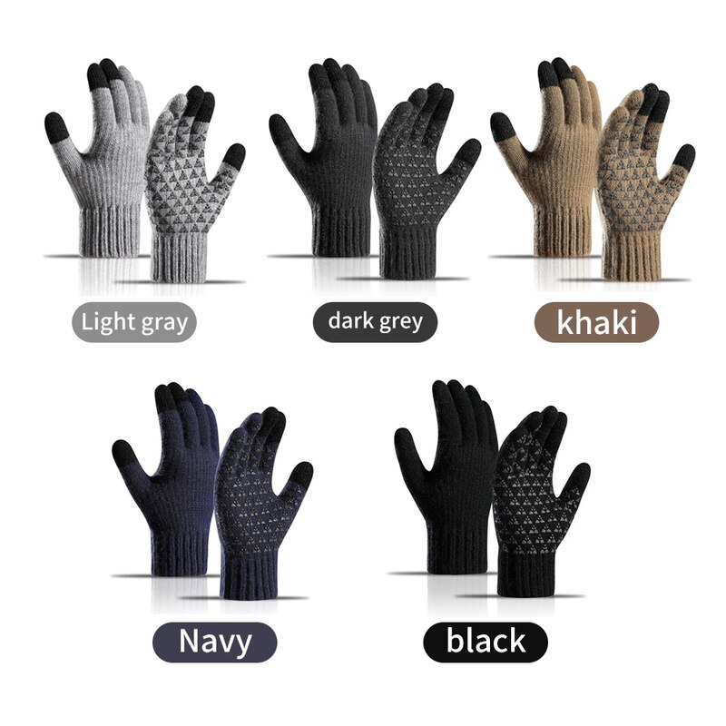 Guantes de punto para hombre, manoplas masculinas gruesas de lana, cálidas y sólidas, con pantalla táctil y dedos divididos, para deportes al aire libre, Otoño e Invierno