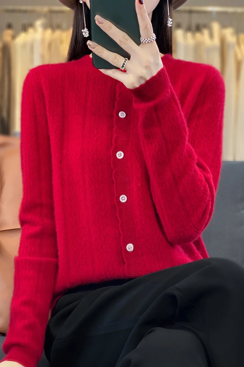 100% cárdigan abierto suelto de lana pura para mujer Otoño Invierno estilo ropa externa Top perezoso cuello redondo suéter de punto de manga larga: XXL / Beige