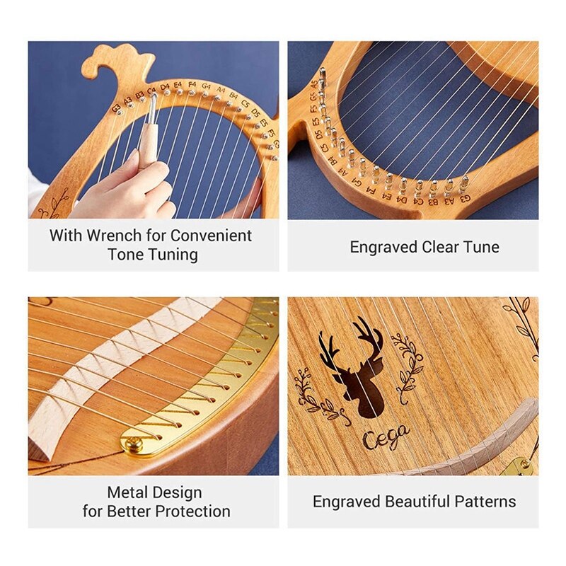 Cega-ARPA Lyre de violín griego, 16 cuerdas, arpa de Lira de caoba, arpa portátil de de sonido estable para amantes de los instrumentos