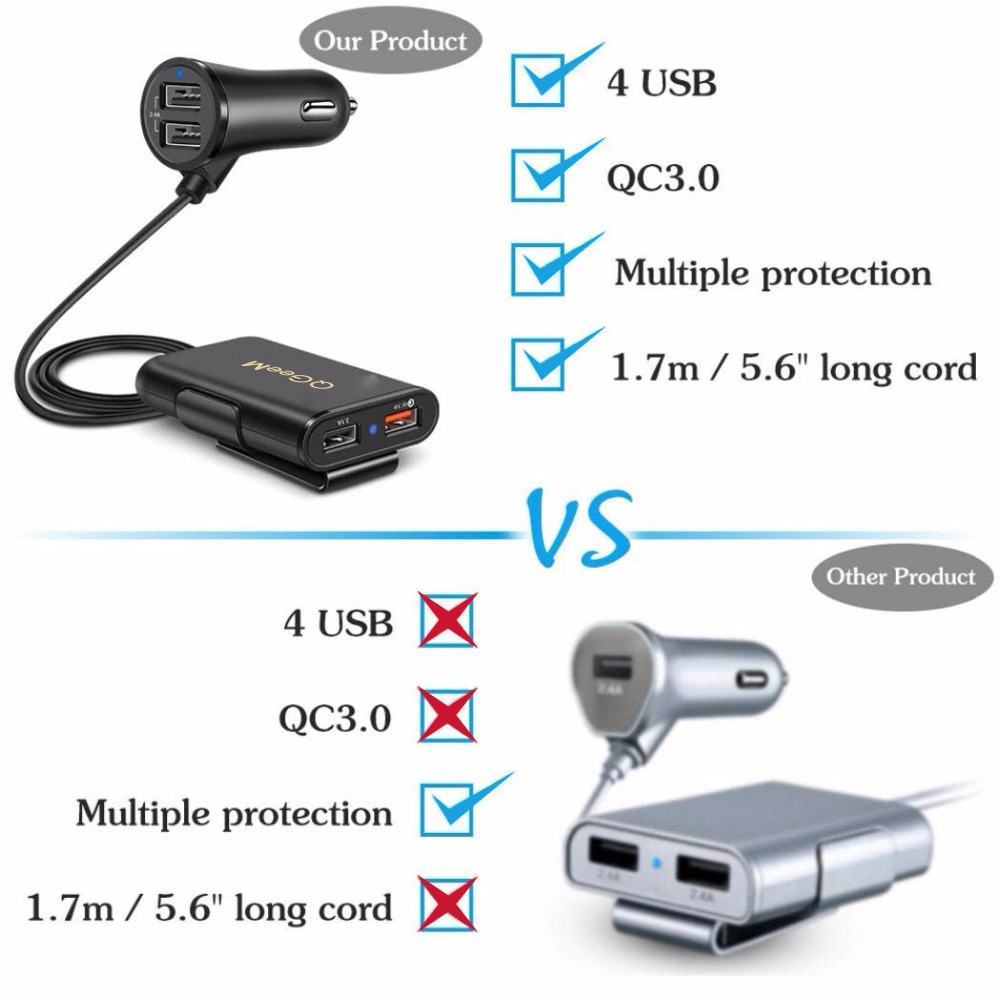 QGEEM 4 USB QC 3,0 Auto Ladegerät Schnell Ladung 3,0 Telefon Auto Schnelle Vorderseite Rückseite Ladegerät Adapter Auto Tragbare Ladegerät stecker für iPhone