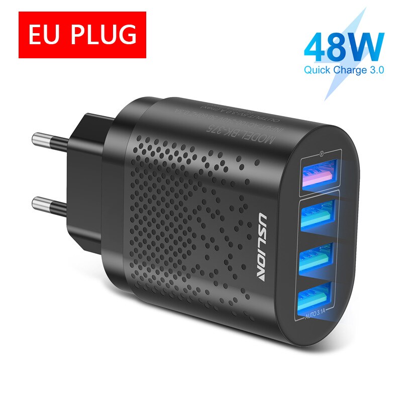 USLION 48W Quick Charge QC 3.0 USB Universal Mobile Phone Charger Wall Fast Charging Adapter For iPhone Samsung Huawei Xiaomi 12: EU Black