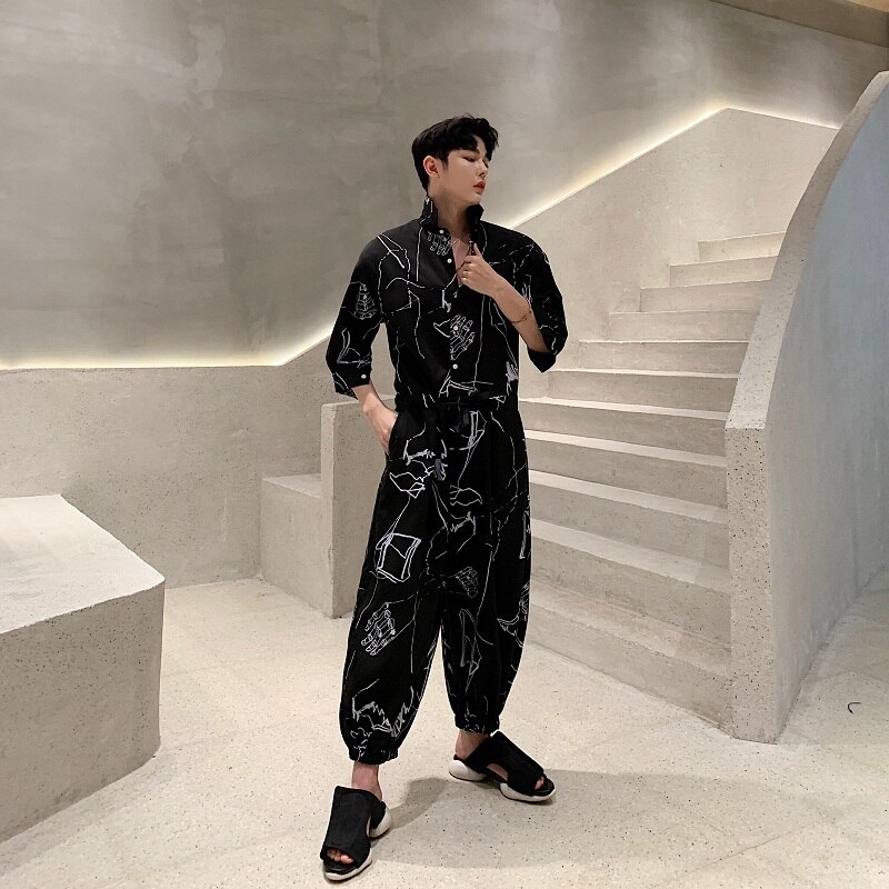 Ropa de calle masculina Hip Hop overoles Harem pantalones de verano de manga corta suelta Casual Camisa monos pantalones cruzados