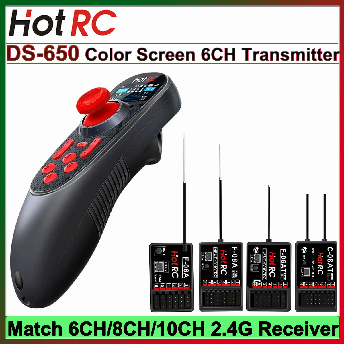 HOTRC DS650 DS-650 6CH 2,4G transmisor de sistema de Radio pantalla a Color Control remoto F-06A F-08A receptor de F-06AT para barco RC DS600