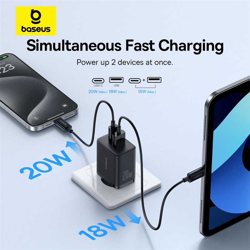 Baseus 20W USB Charger Dual Charging Port Support Type C PD Fast Charging Phone Charger For iPhone 15 14 13 12 Pro Max 11 8 Plus