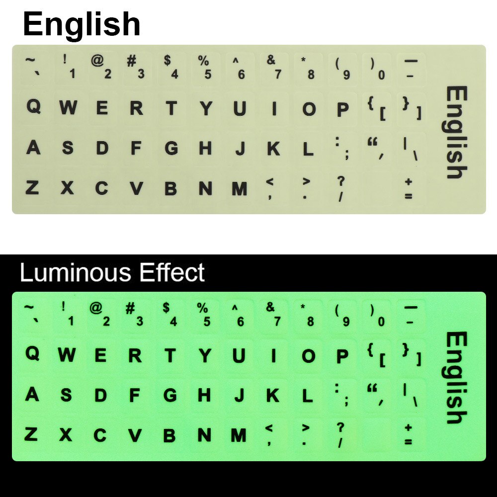 Luminous Keyboard Stickers Spanish/English/Russian/Arabic/French Language Letter Protective Film Alphabet Button Layout: English