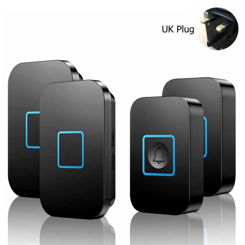 Intelligent Wireless Waterproof Doorbell 2 Button 2 Receiver US EU UK Plug 300M Remote Smart Home Door Bell Battery 60 Chimes: black 2x2 UK