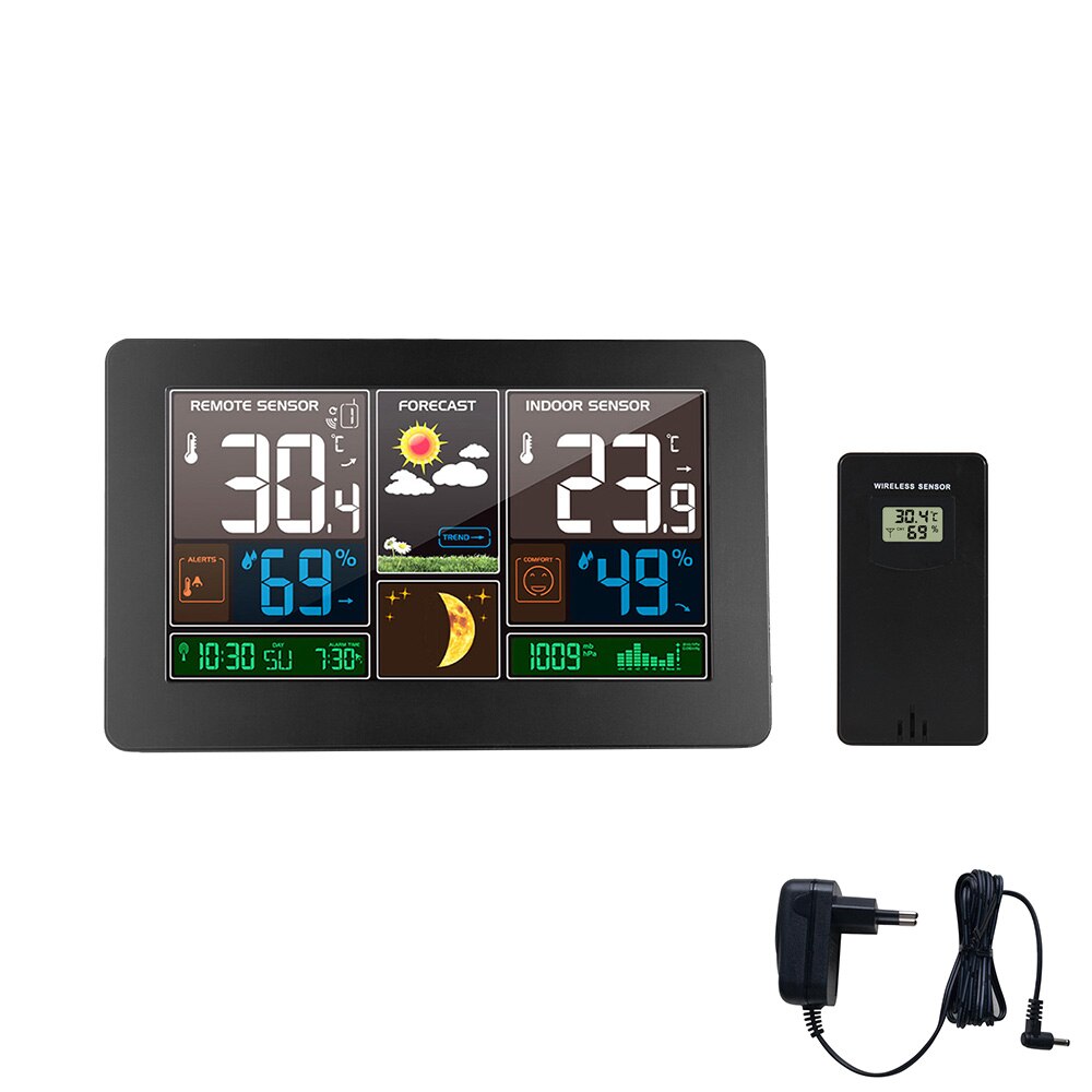 Digital Alarm Clock Home Outdoor Thermometer Hygrometer Wireless Sensor Weather Station Calendar Comfort Desk Table Wall Clocks: black