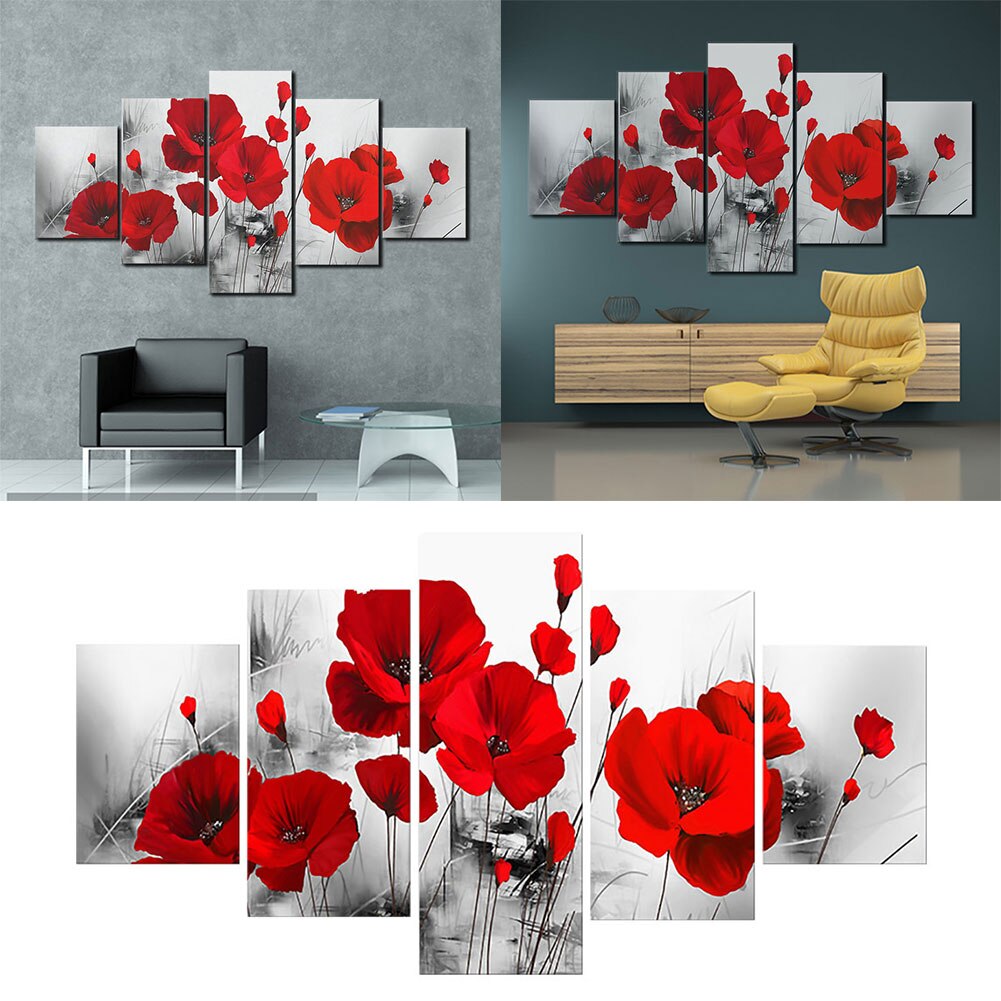 Painted Red Rose Oil Painting Reproductions 5 Piece Ink Painting Canvas Art Picture Modern Wall Decoration