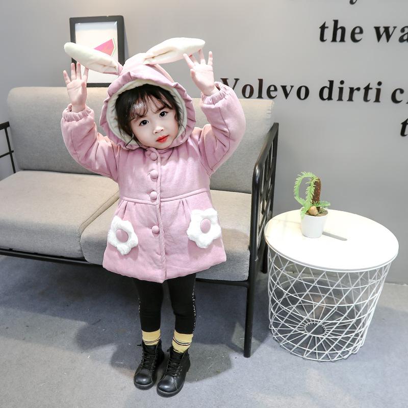 Bebê meninas jaquetas criança crianças casaco quente crianças inverno outerwear & casacos moda roupas de bebê veludo longo orelha com capuz parka 1y: Pink / 24 m