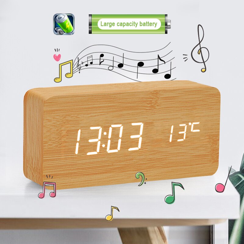 TIMESS USB Clocks LED Wooden Alarm Clock Watch Table Voice Control Digital Wood Electronic Desktop Table Decor Clock 2022: 6