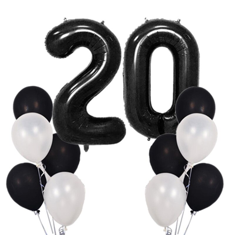 12 stks/partij 40inch Zwart Nummer 30 Digit Ballonnen Folie Helium Ballon 30th Jaar Oud Verjaardag Party Opblaasbare 10" latex Globos: 20 set