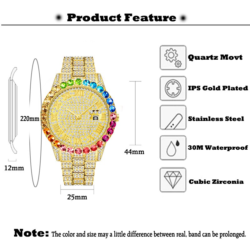 Reloj de oro arcoíris diamante para hombre, de lujo, oro de 18K, hecho a mano, de cuarzo y cristal de hielo