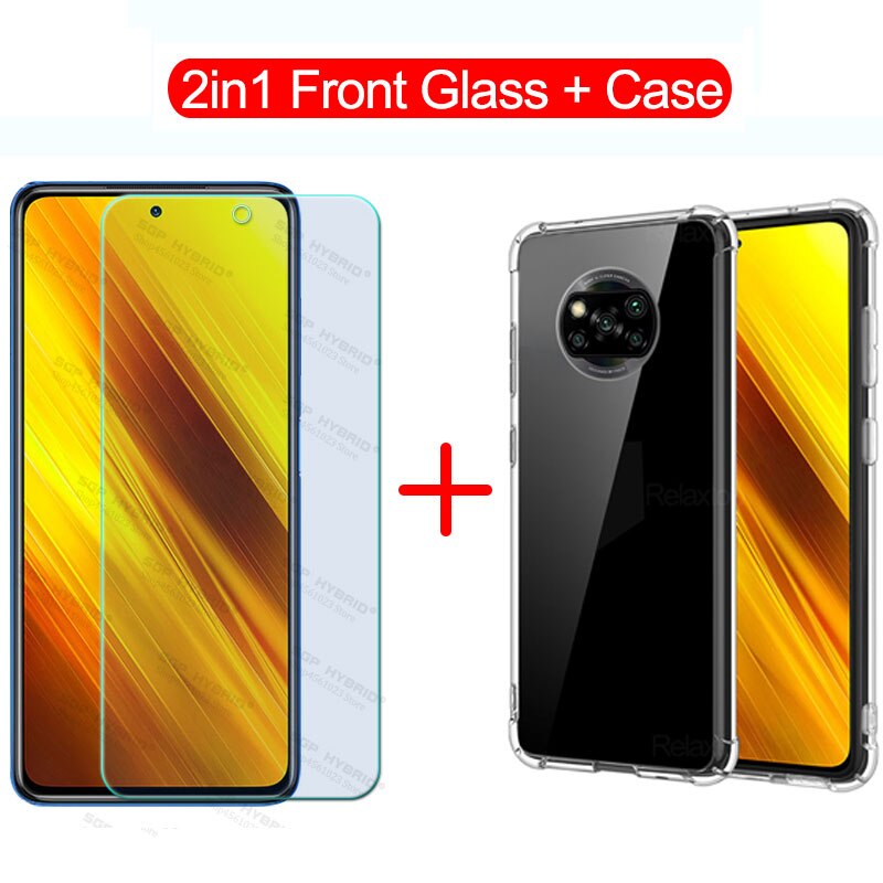 3-in-1 tempered glass for xiaomi poco x3 nfc camera film soft case for mi pocophone x3 x 3 pocox3 3x nfc screen protector cover: Front Glass-Case