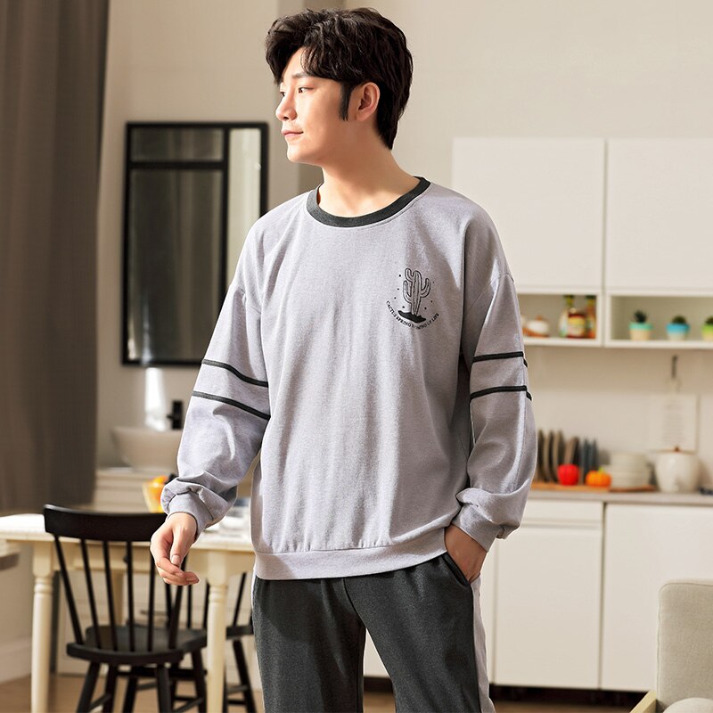 Outono cactus padrão conjuntos de pijamas masculinos manga longa topos calças compridas algodão puro completo homewear casual primavera sleepwear define L-4XL