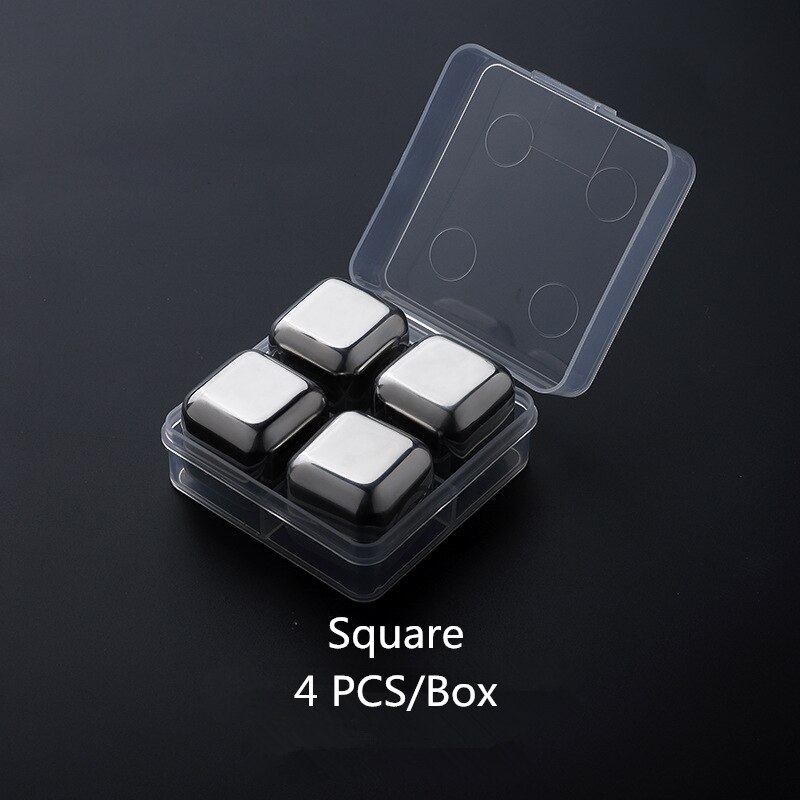 Kamienie whisky 304 stal nierdzewna wielokrotnego użytku chłodzenie metalowe kostki lodu z klipsem i zestaw pudełek do przechowywania Whiskey wino piwo napoje: Square 4 PCS A