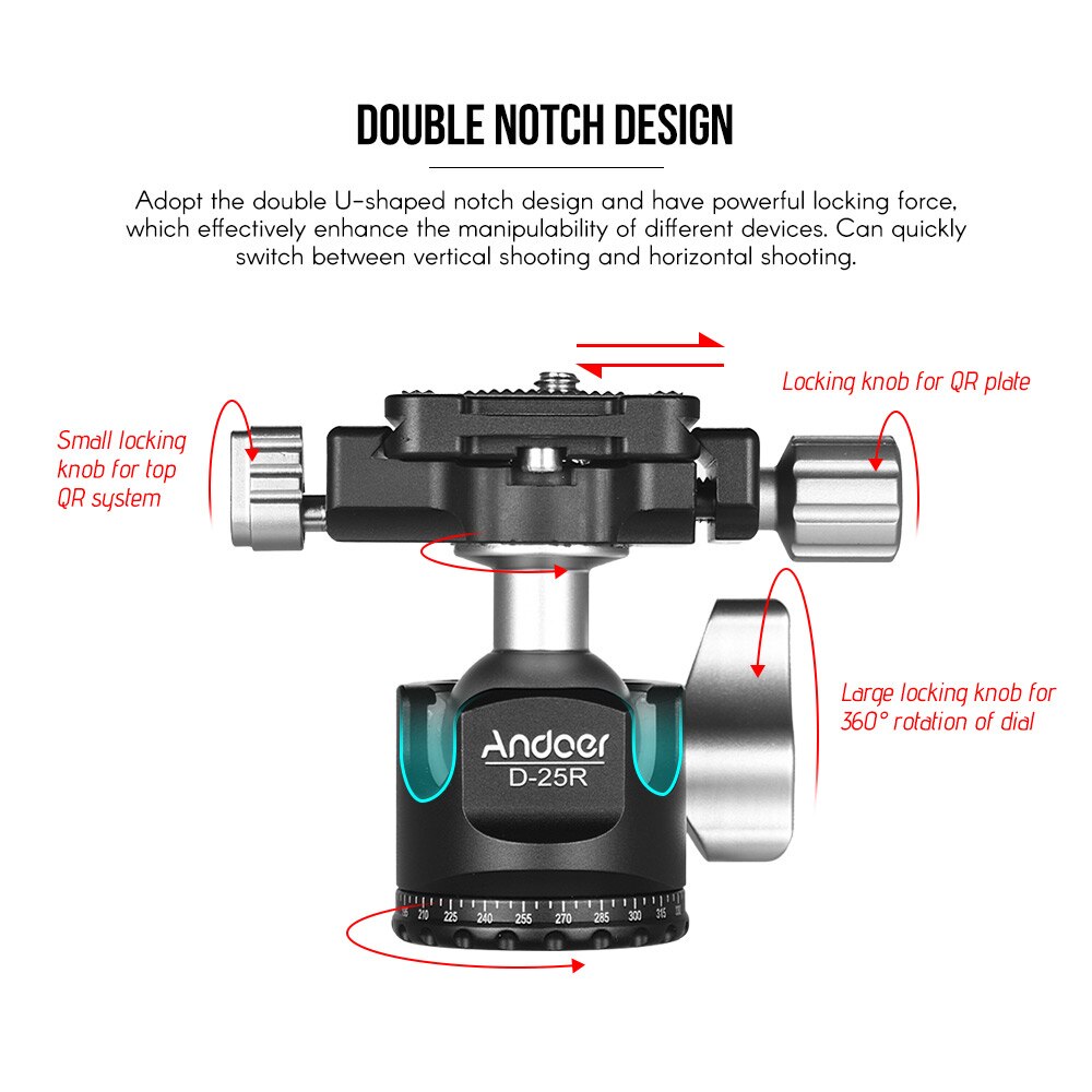 Andoer Double encoche rotule Mini tête à bille bas Center de gravité pour trépied monopode pour Canon Nikon Sony DSLR ILDC caméra