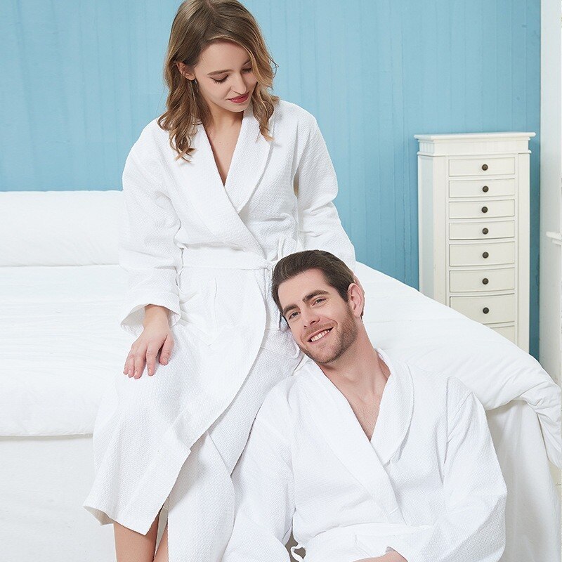 Mannen Vrouwen Thuis Hotel Badjassen Unisex Zweet Verdamping Kimono Kant Pyjama Lente Herfst Dunne Katoen Wafel Check Comfortabele