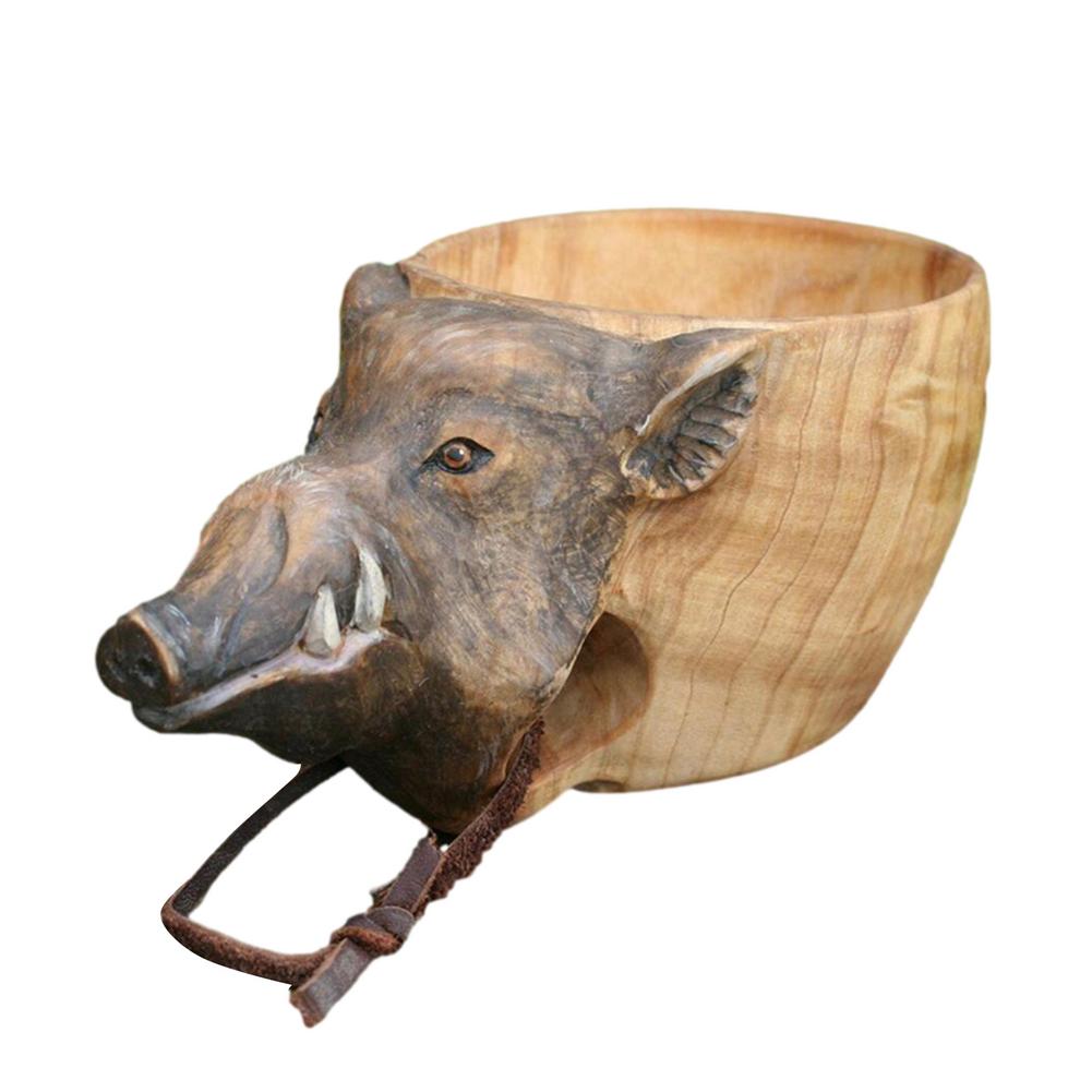 Holz Becher Hand Geschnitzte Ebene Kopf Tasse Fuchs Wolf Wildschwein Ebene Kopf Griff Wasser Tasse Tragbare Camping Kaffee Tassen mit Schlüsselband: Weiß