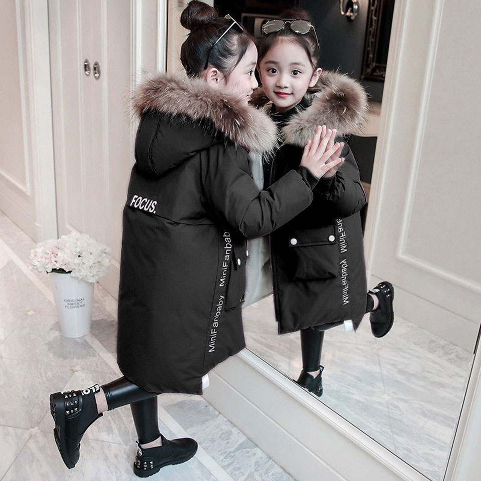 Kinderen Winter Beneden Katoenen Jas Meisje Kleding Kinderkleding Warme Dikke Parka Bontkraag Capuchon lange Jassen 4-12Y: Black / 10