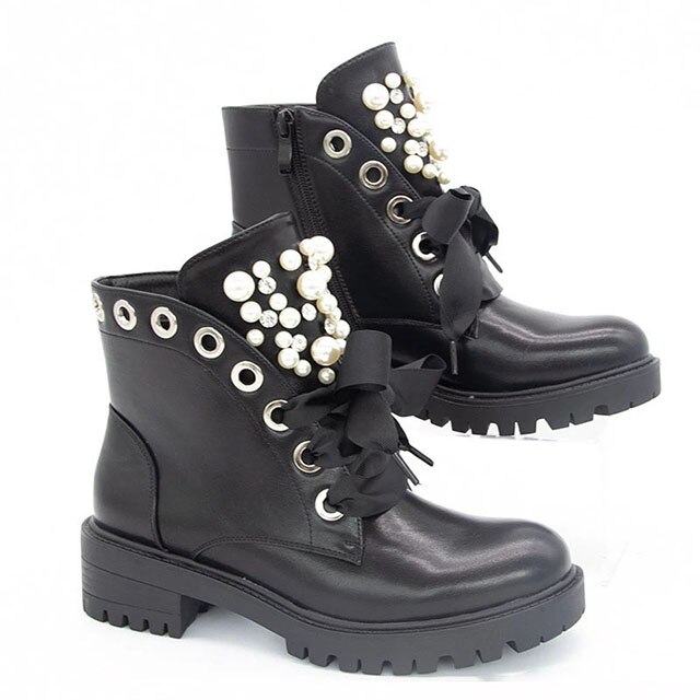 Bottines de moto antidérapantes avec perles en cristal pour femmes, chaussures d&#39;automne Punk à lacets, plateforme, grande taille,: Black / 7.5