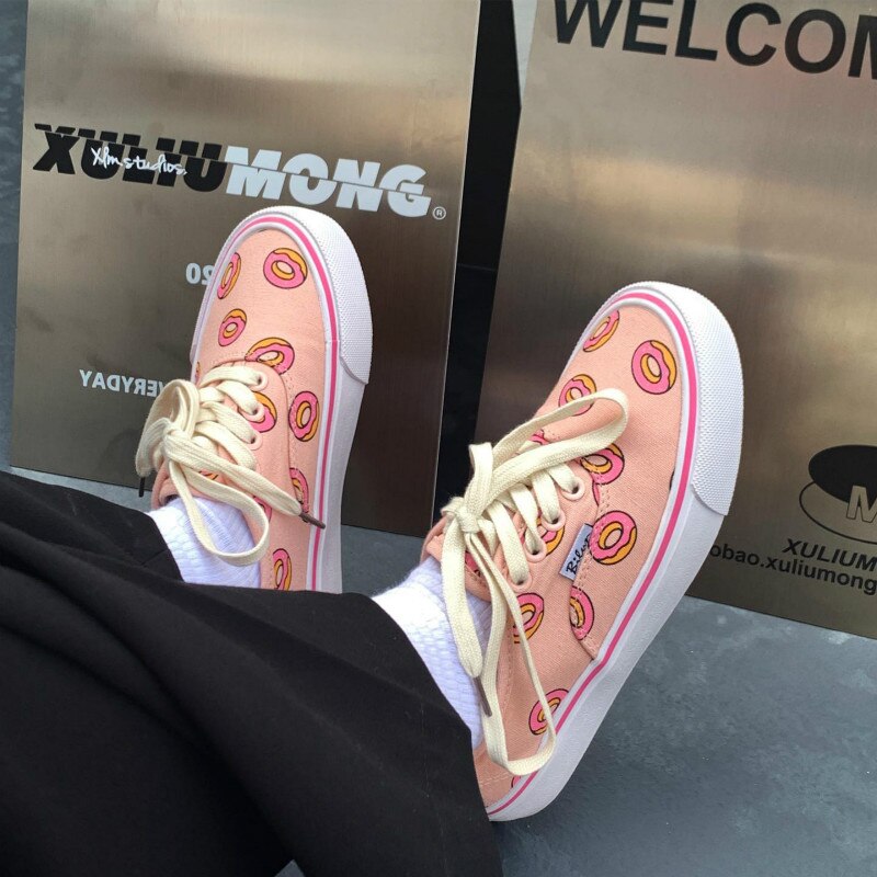 Meisje Chic Canvas Schoenen Lente Herfst Cartoon Donut Leuke Sneakers Met Donut Print Casual Schoenen Trainers 35-40 Lage lace Up