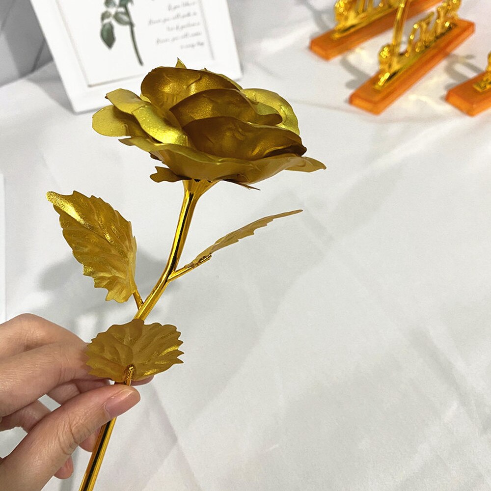 Love Base 24K Foil Plated Gold Rose Artificial Flowers Valentines Day Birthday for Girlfriend Wedding Decoration Bride