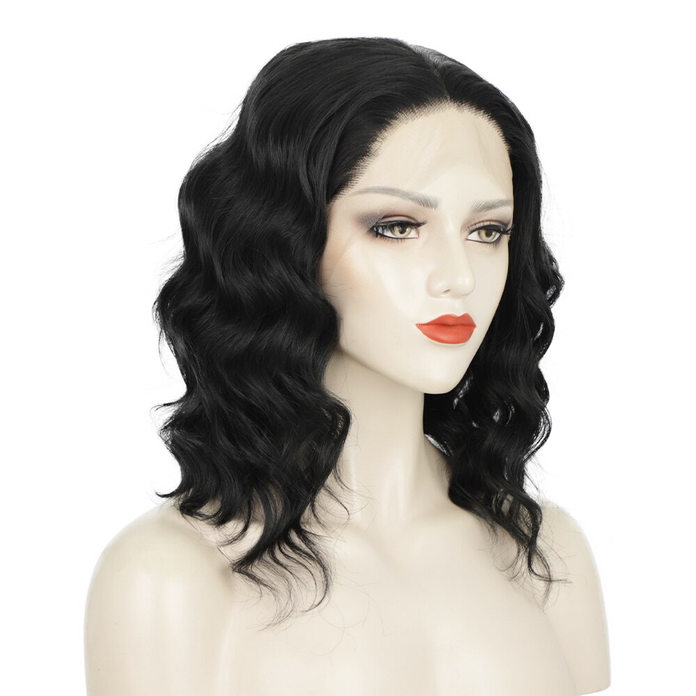 Stamped Glorious Natural Looking 16 Inch Synthetic Lace Frontal Wigs Black Short Wavy Wigs For Black Women Middle Part Bob Wigs
