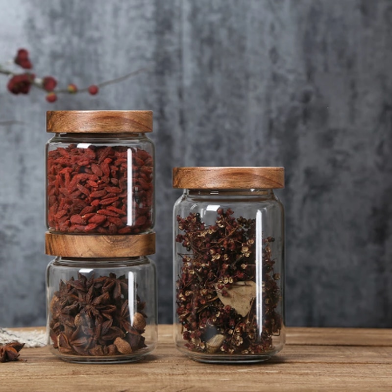 Envase hermético de vidrio con tapa de madera, frascos de botellas de almacenamiento para cocina, contenedor de alimentos, granos de té y café, contenedores de granos, ZM1013