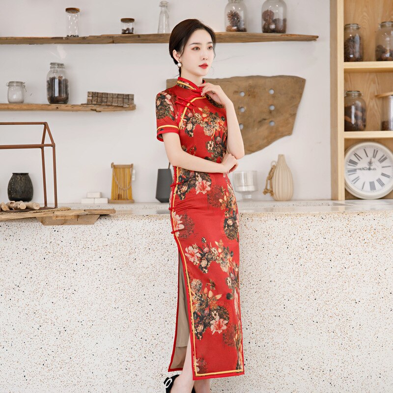 Chinese Qipao Mandarin Collar High-Split Red Cheongsam Short-Sleeve Vintage Stage Show Dress For Women Plus Size 3XL 4XL