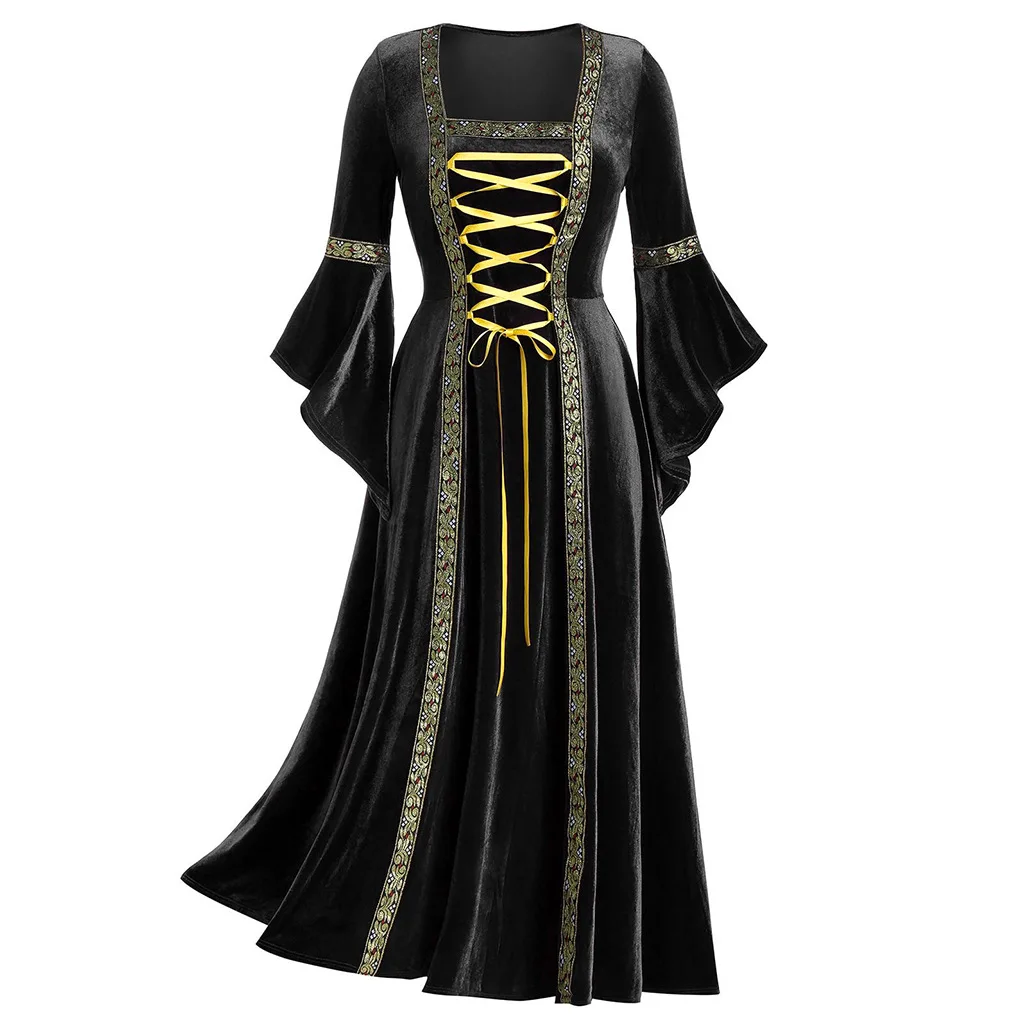 Robe Longue à Manches Longues pour Femmes, Style Pertanianval Giavegant, Cosplay, Robe Gothique d'Halloween à Bands, Kostüm: S / Gold