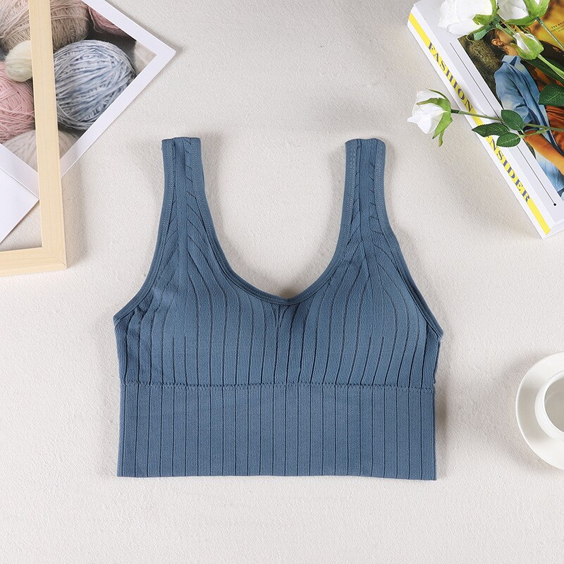 Women Tube Top Threaded Big U Beauty Back Detachable Chest Pad Sexy Sports Bra Wide Shoulder Strap Anti-failure Underwear: Blue