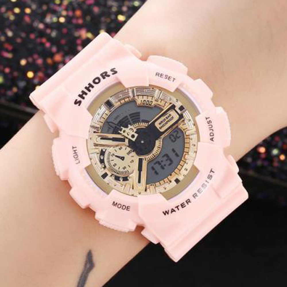 Shhors roze dameshorloges multifunctionele sporthorloges dames led-display analoog digitaal quartzhorloge reloj mujer