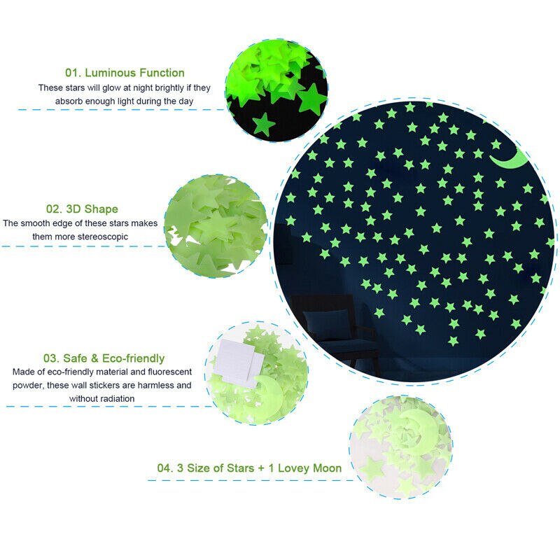 200 Stuks Lichtgevende Ster Stickers Ultra Glow In The Dark Sterren Maan Slaapkamer Sofa Fluorescerende Schilderen Speelgoed Pvc Stickers Speelgoed voor Kids