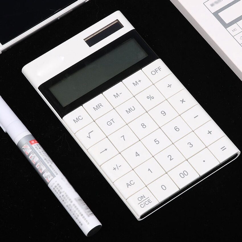 Dual-power tablet-lommeregner , 12-- cifret display / stor skærm / bagklip kan justeres / tynd og let lommeregner til kontor: Hvid
