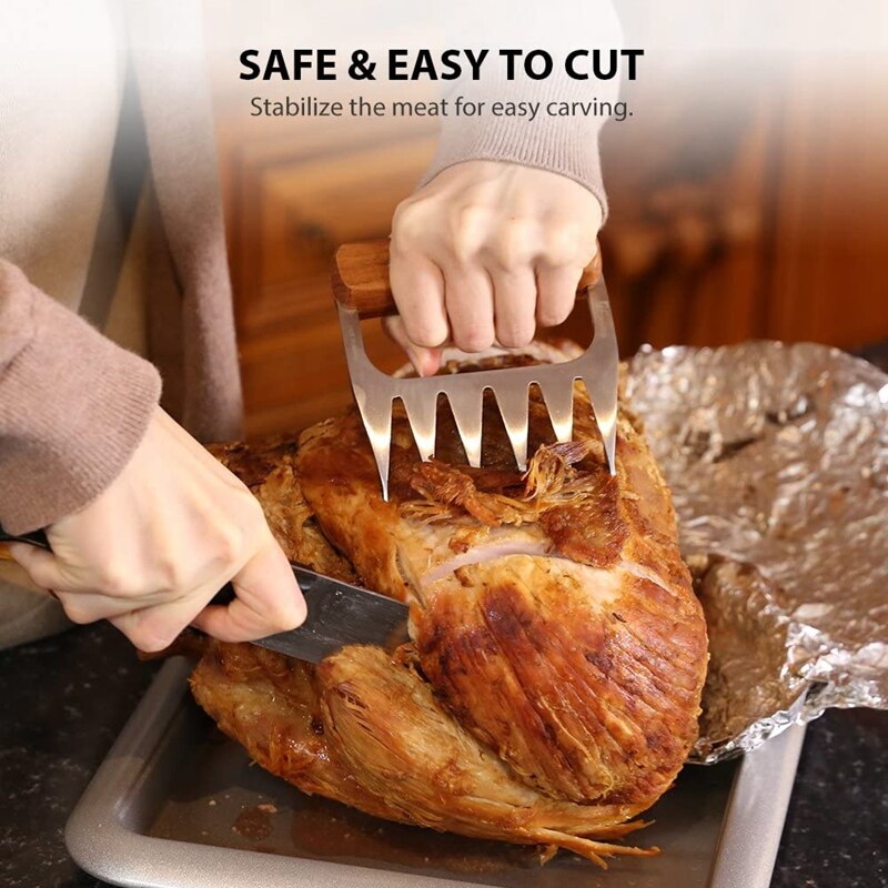 Metal Meat Claw, 1 Pair 18/8 Stainless Steel Meat Fork with Wooden Handle, Minced Meat Claw, (2 Pieces)