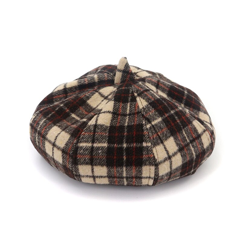 Fs vintage vinter plaid beret hatte til kvinder uldblanding ottekantede kasketter efterår afslappet kunstner kasket sort grå rød khaki: Khaki beret