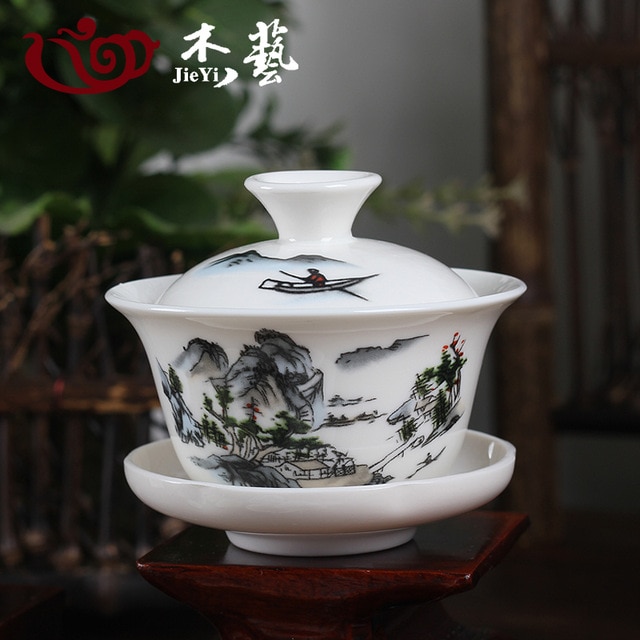 Landskabskort porcelæn gaiwan bryggekar kinesisk ceremoni gaiwan hvid terrin keramik gaiwan 110ml gaiwan tekopper